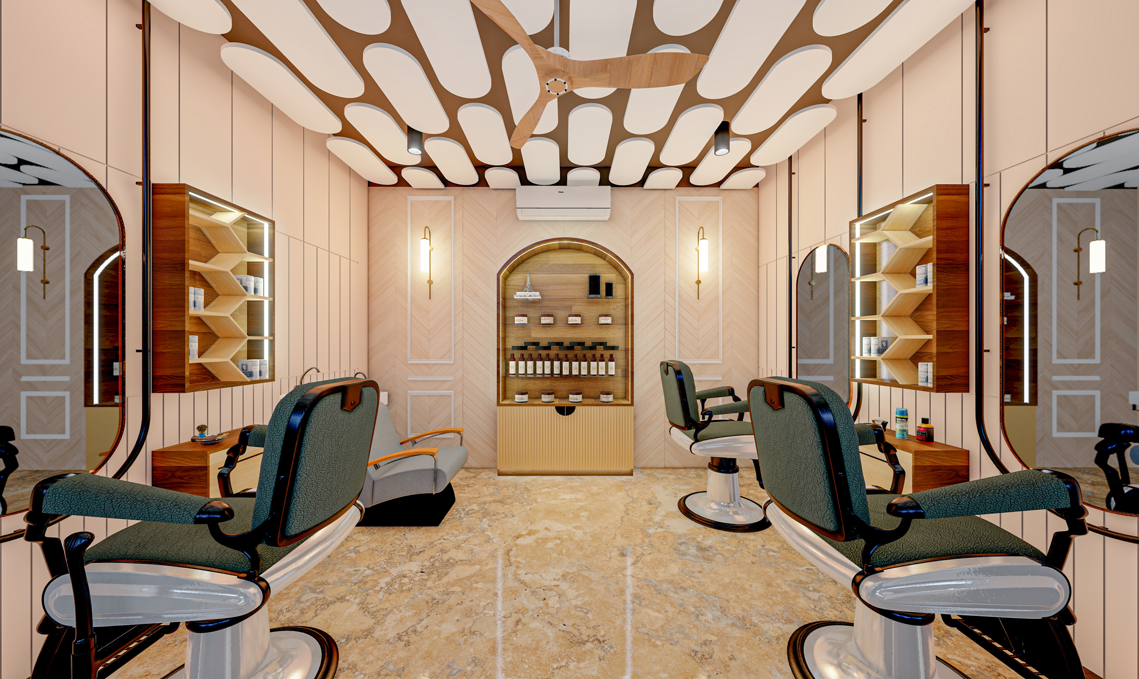 Commercial salon interior with architectural arches and warm illumination