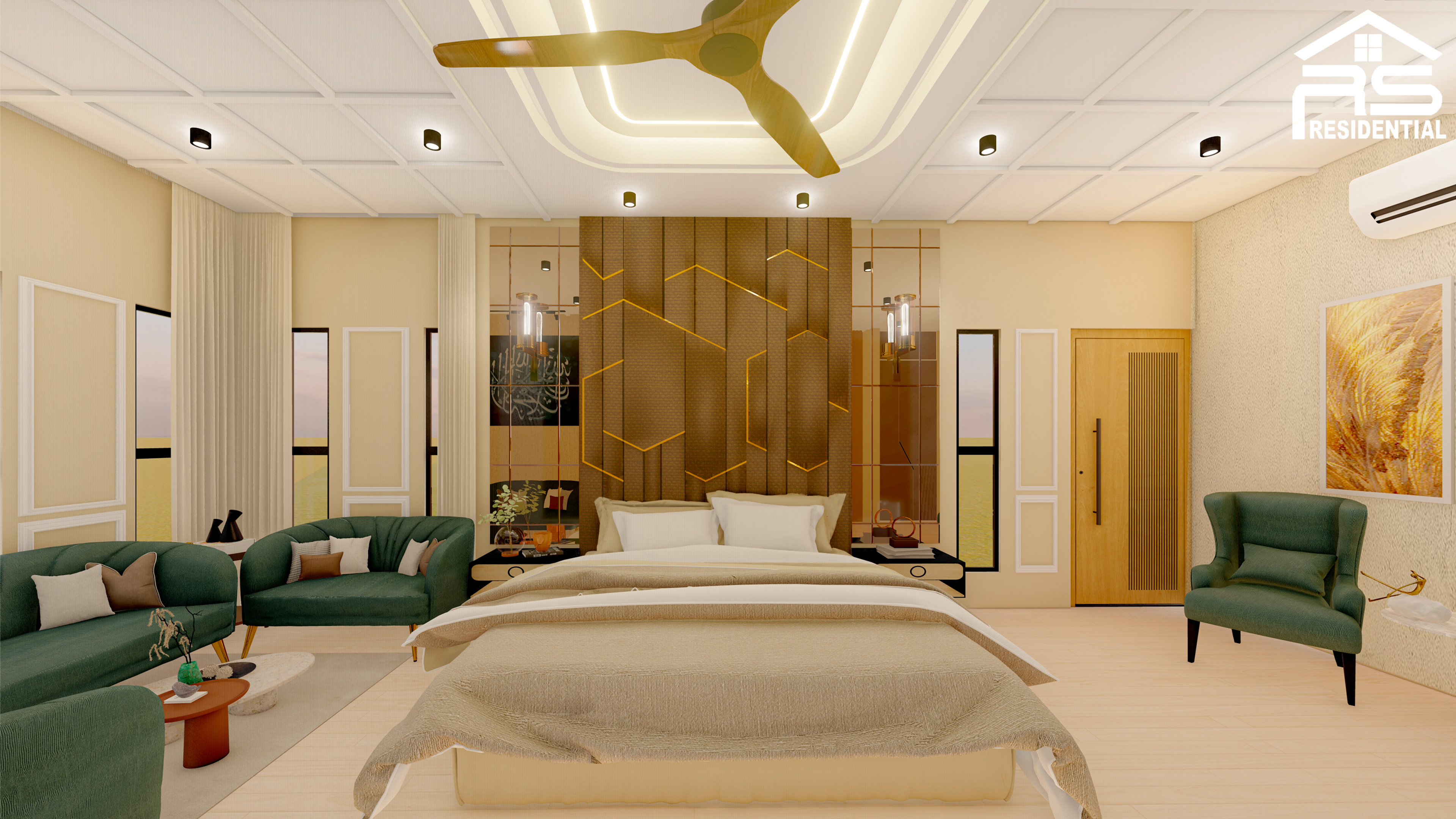 Master bedroom suite with fluted panelling and indirect lighting